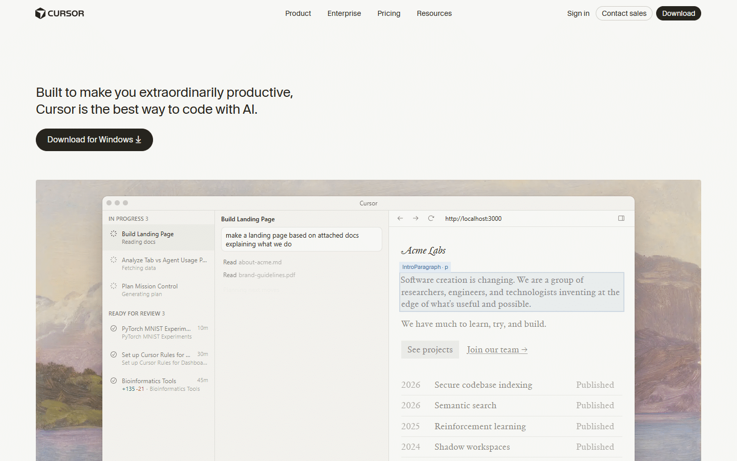 Cursor AI code editor homepage showing the VS Code fork with deep AI integration for professional developers