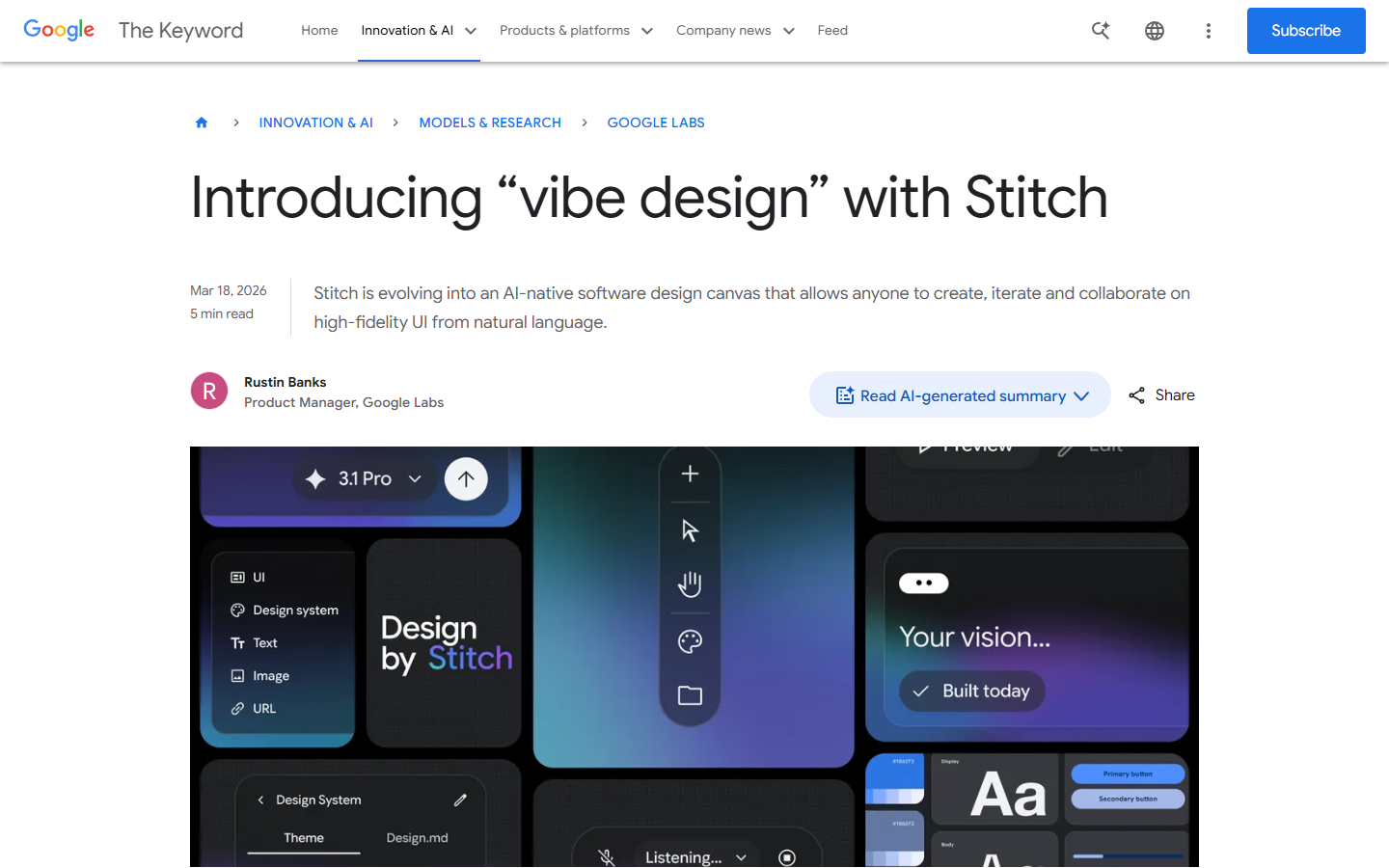Google blog post introducing vibe design with Stitch