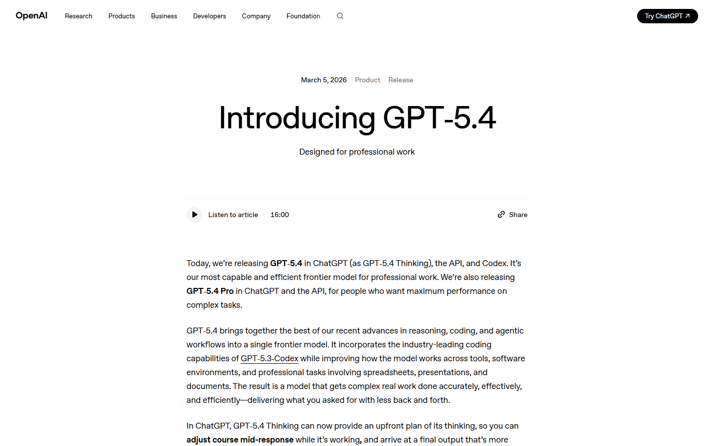OpenAI GPT-5.4 announcement page