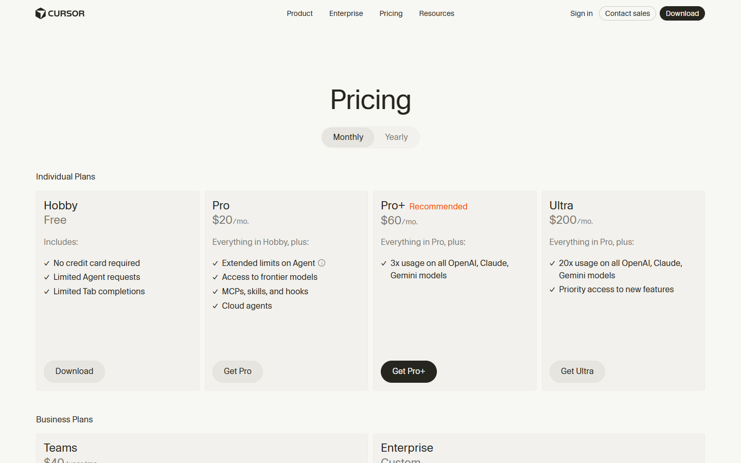 Cursor pricing plans showing Hobby free tier through Ultra at 200 dollars per month
