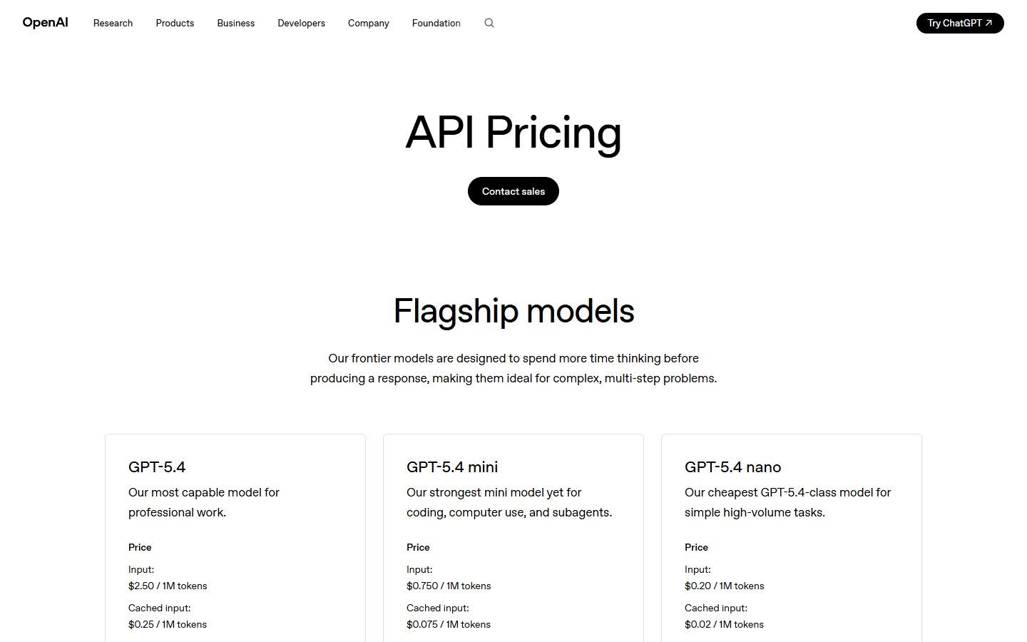 OpenAI API pricing showing GPT-5.4, Mini, and Nano