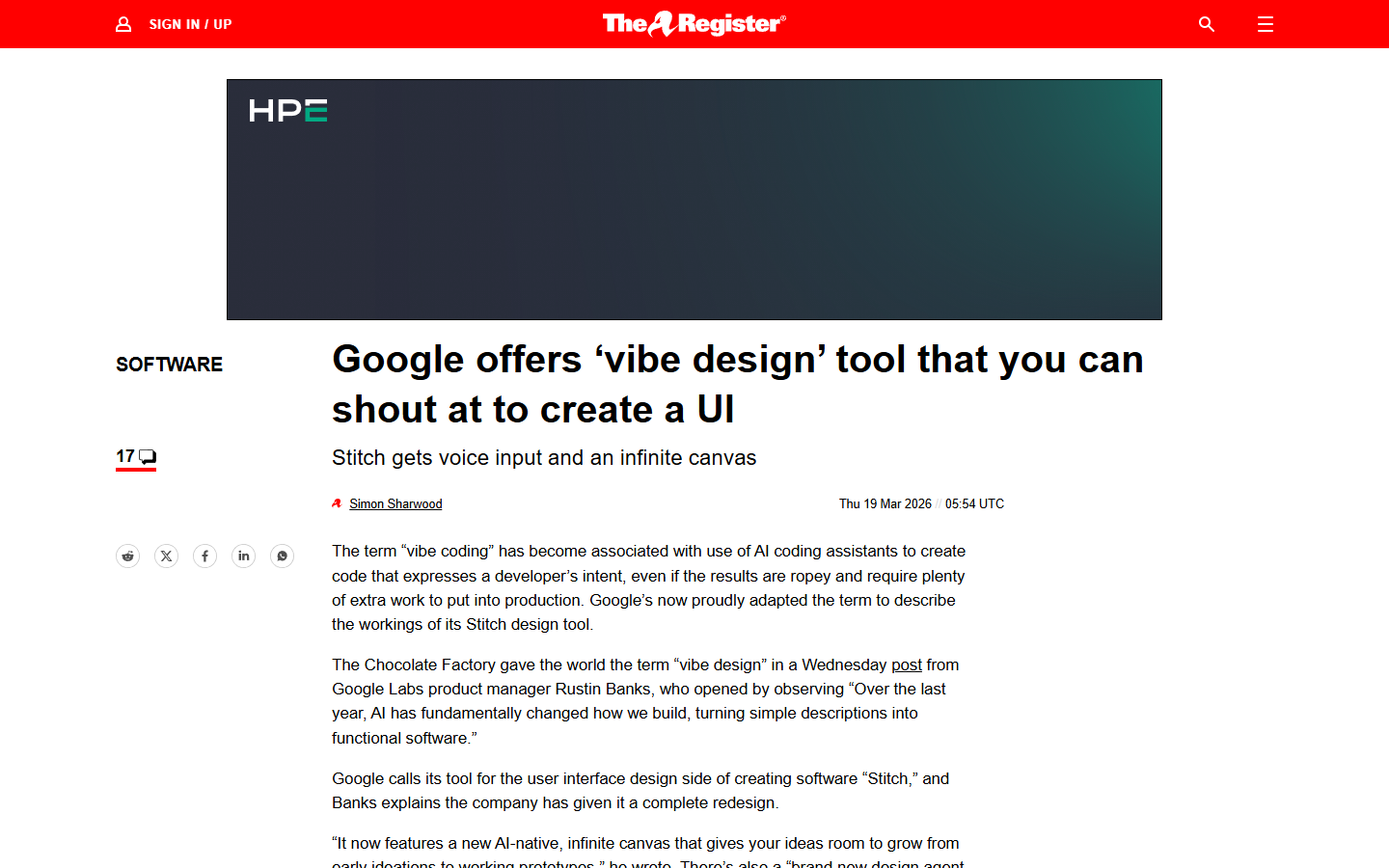 The Register article about Google vibe design tool