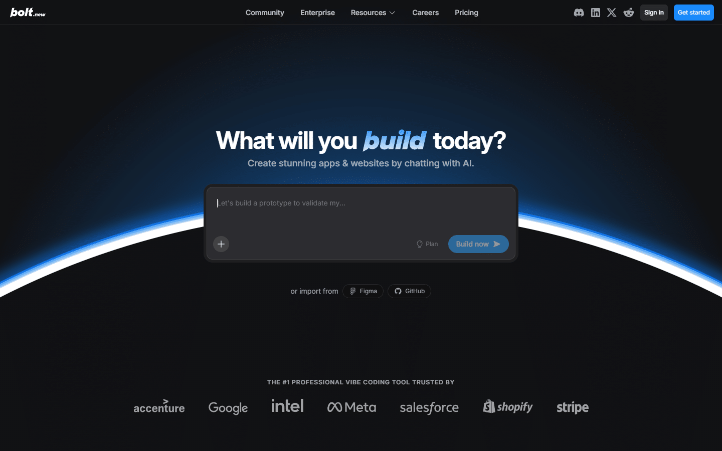 Bolt.new homepage showing the browser-based AI app builder powered by WebContainers