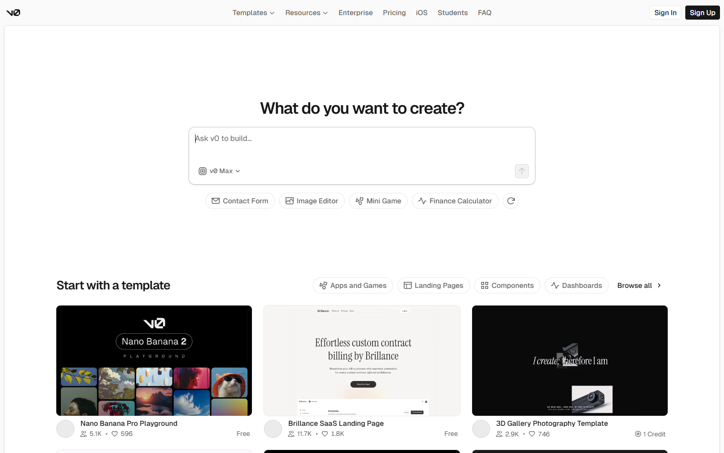 v0 by Vercel homepage