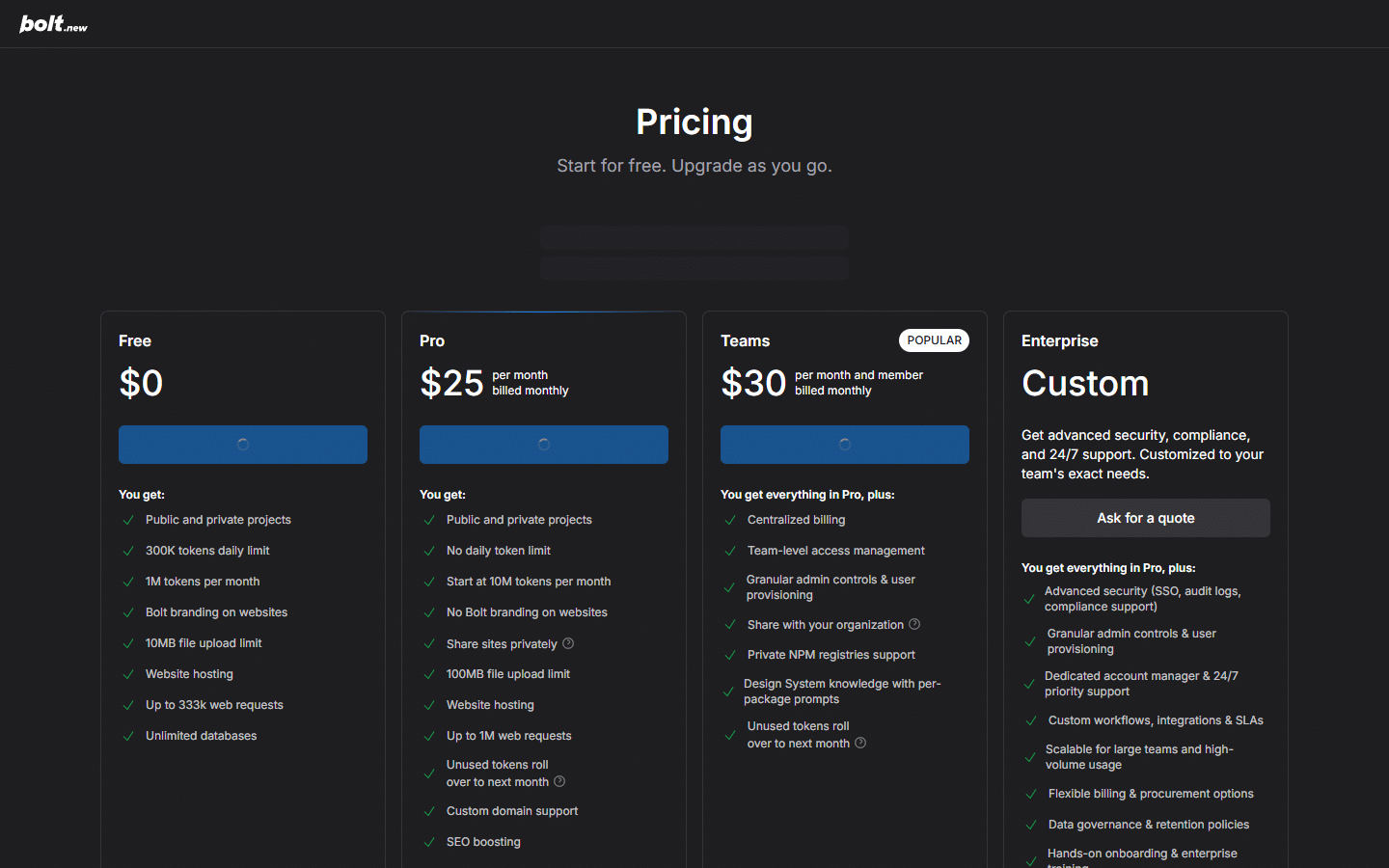 Bolt.new pricing page showing Free, Pro at 25 dollars per month, and Teams plans with token allocations