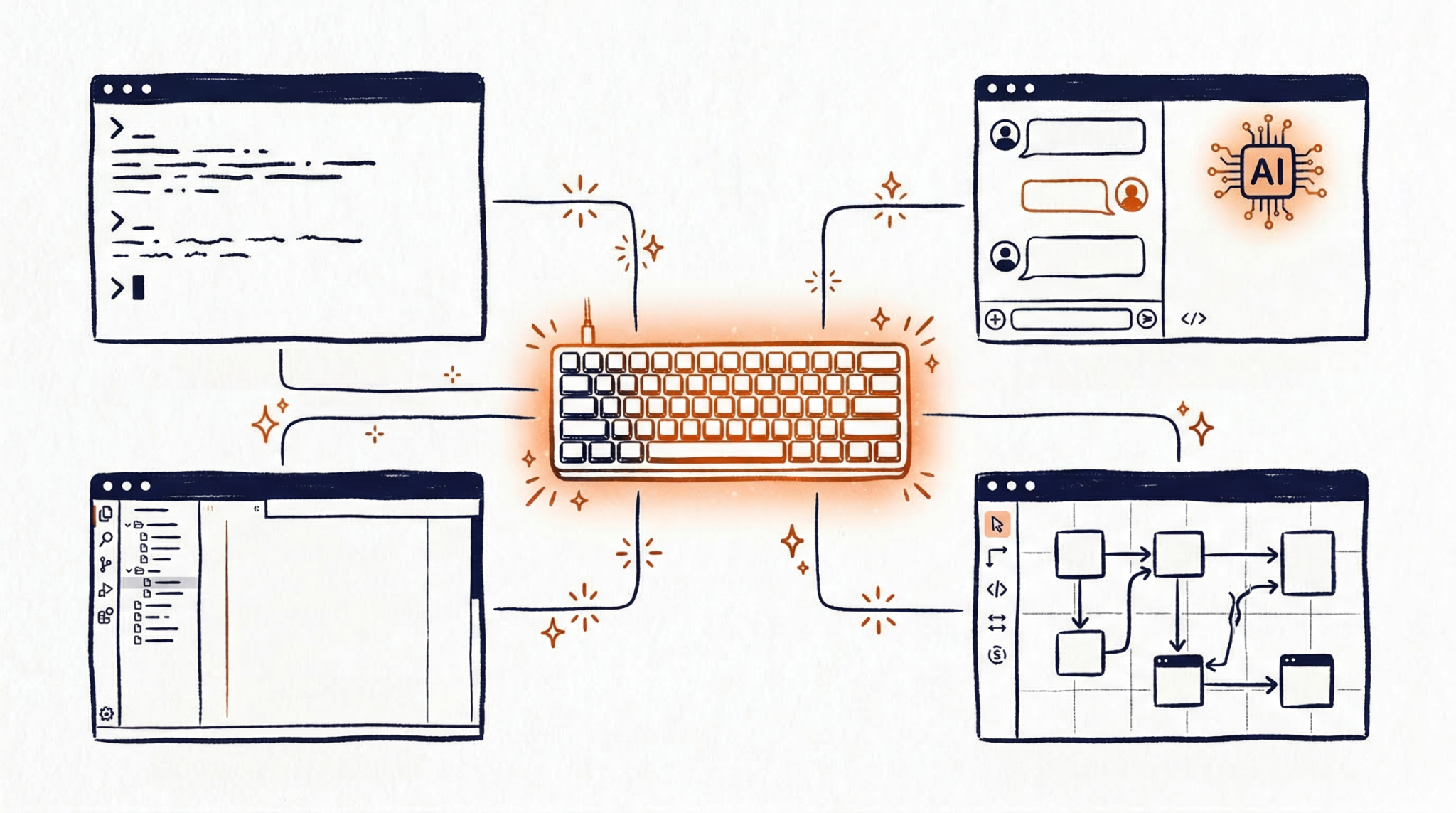 Best vibe coding tools 2026 - illustrated comparison of AI coding platforms from developer IDEs to no-code builders