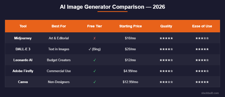 AI image generator comparison table showing Midjourney, DALL-E 3, Leonardo AI, Adobe Firefly, and Canva features and pricing for 2026