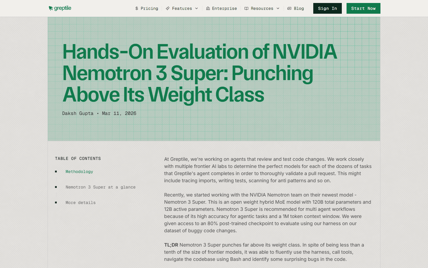 Greptile hands-on evaluation blog post showing Nemotron 3 Super punching above its weight class in code review benchmarks