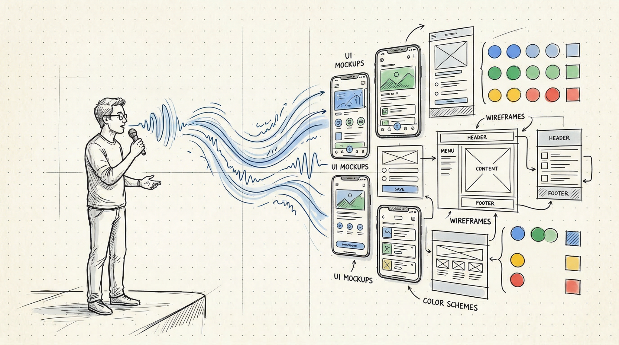 Google Stitch review 2026 hand-drawn illustration of a person speaking to an AI design canvas