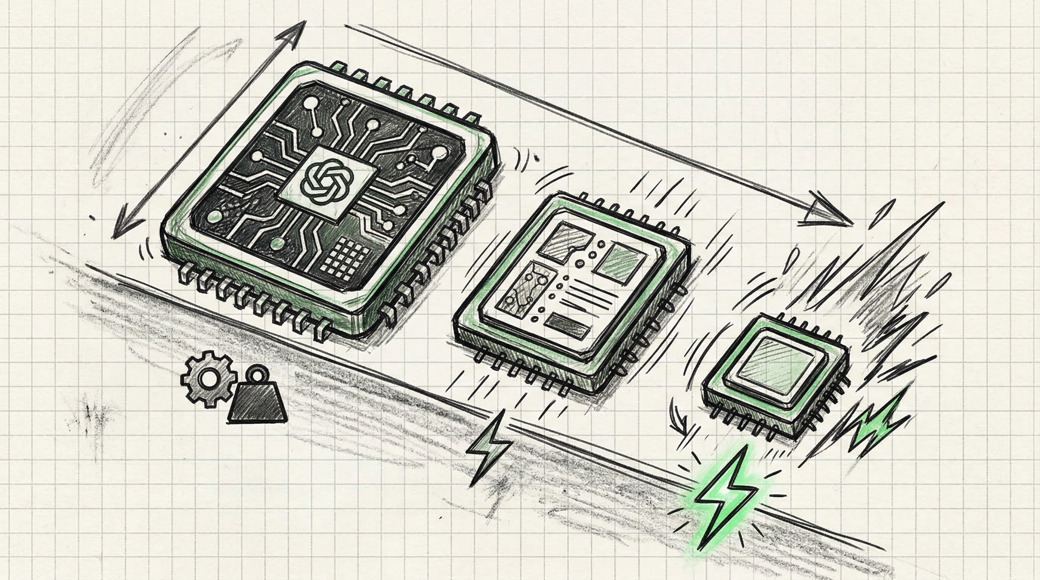GPT-5.4 mini and nano review 2026 hand-drawn illustration of three cascading AI chips