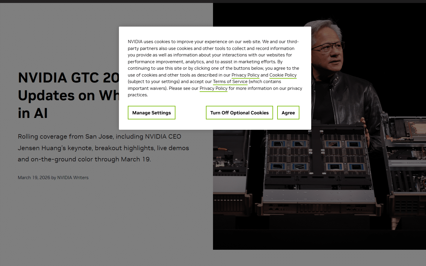 NVIDIA GTC 2026 news page showing Jensen Huang keynote highlights and AI announcements from San Jose