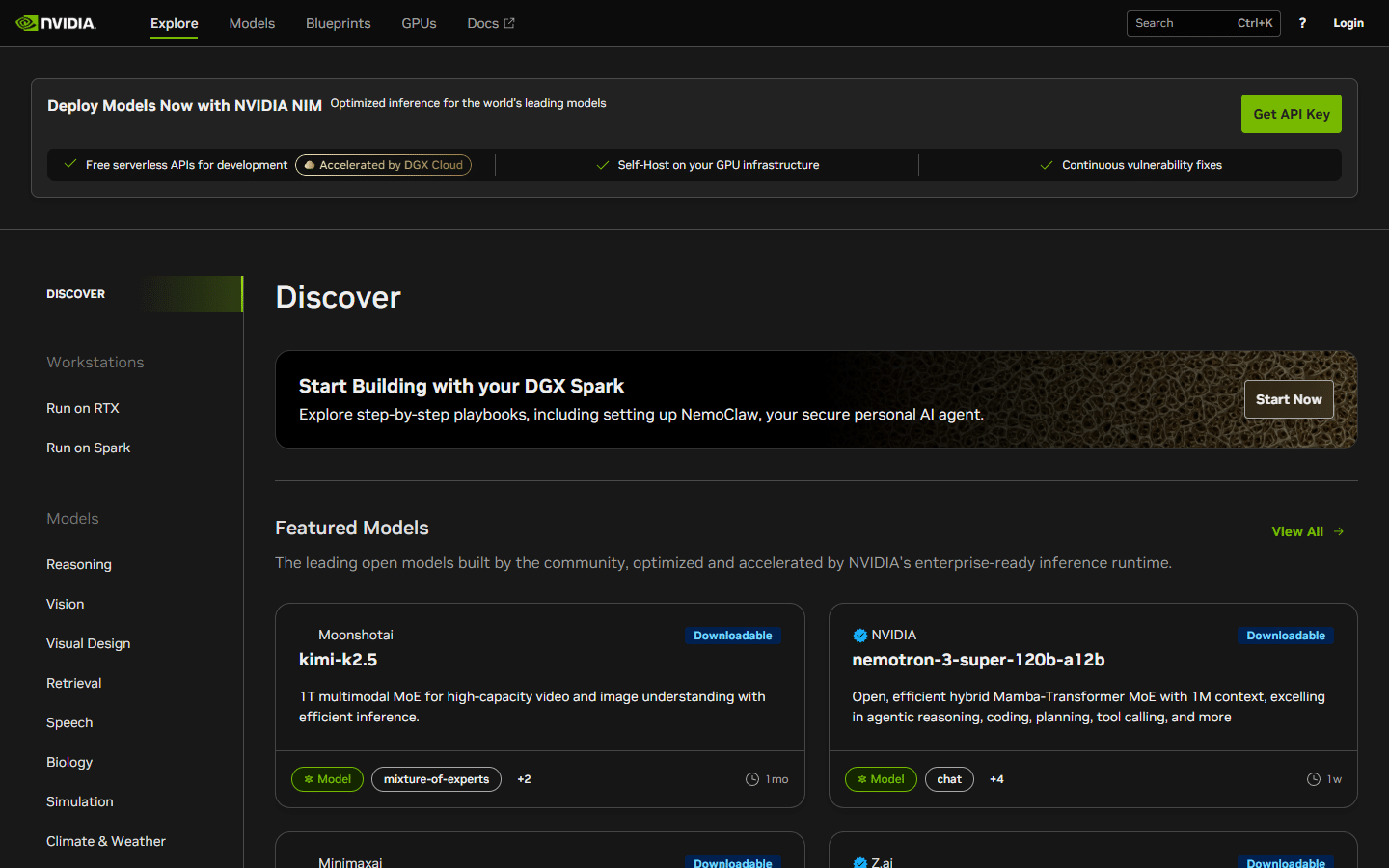 NVIDIA NIM platform showing Nemotron 3 Super listed as a featured model alongside other open models