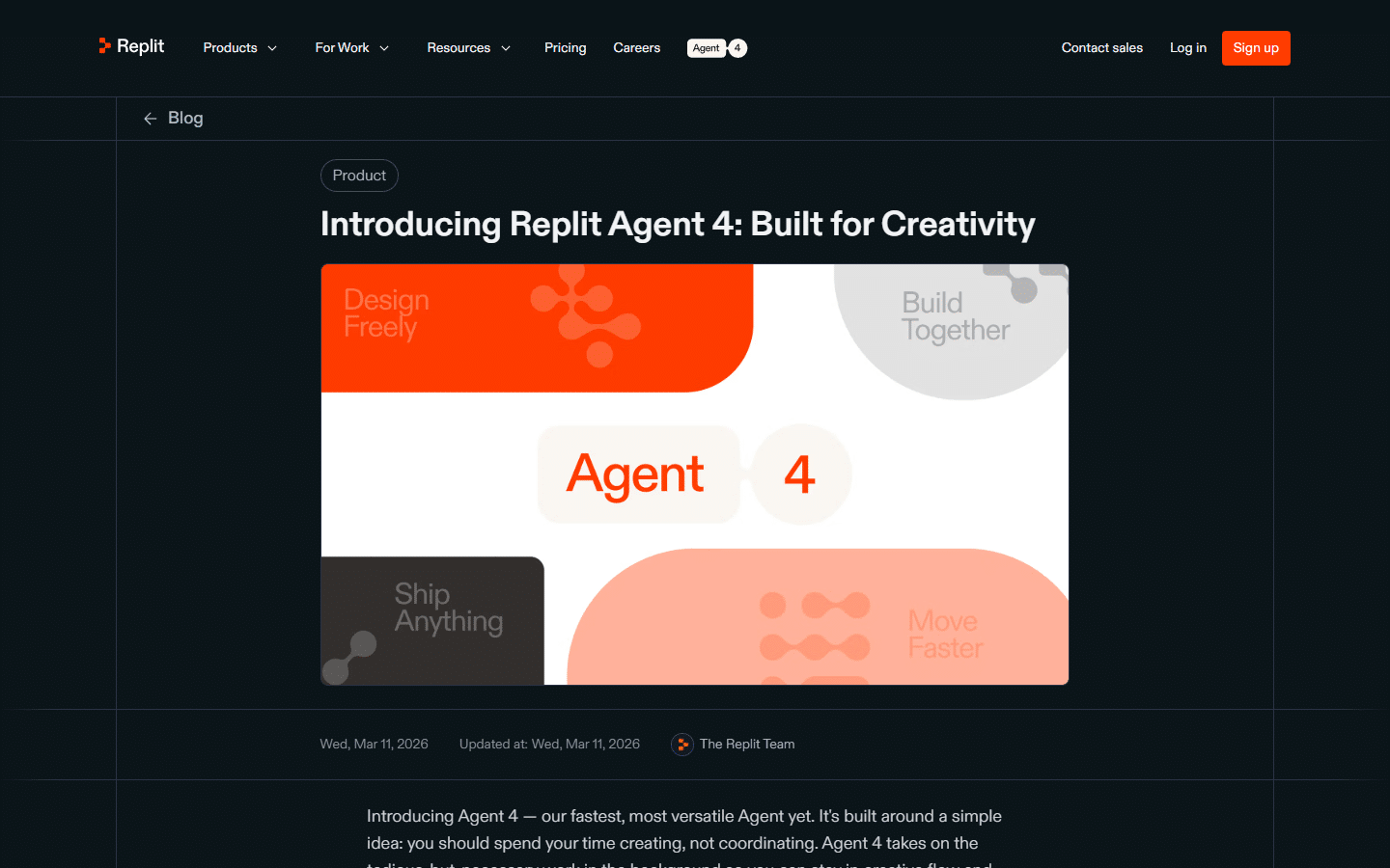 Replit blog post announcing Agent 4 launch with details on the infinite canvas and parallel agents features