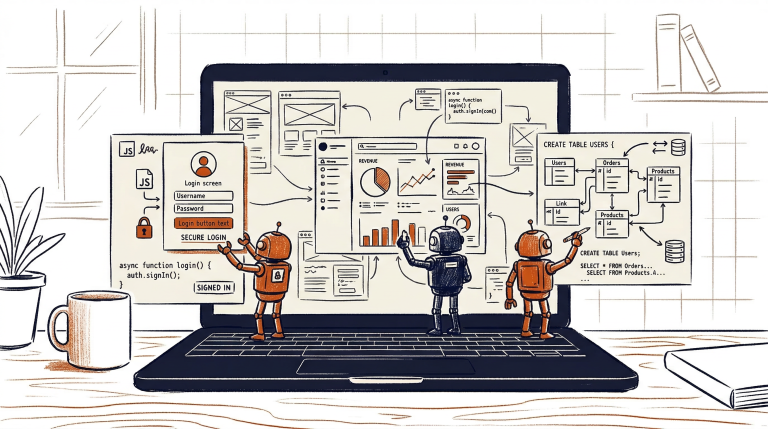 Replit Agent 4 review 2026 - hand-drawn illustration of a developer workspace with AI agents building an app on an infinite canvas