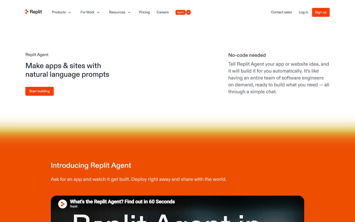 Replit Agent features page showing natural language app building capabilities and no-code workflow