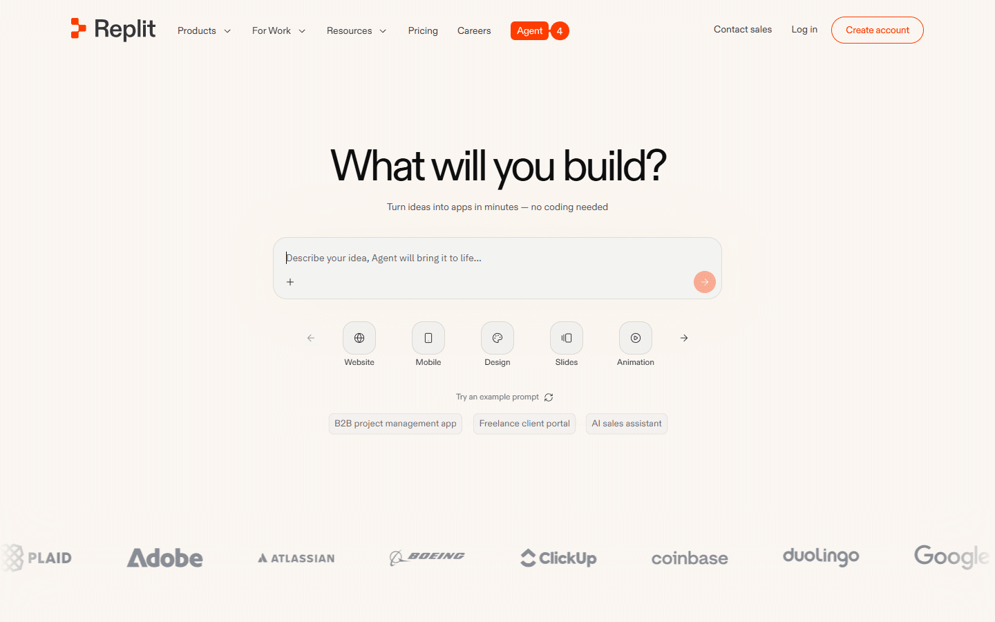 Replit homepage showing the AI-powered development platform landing page in March 2026