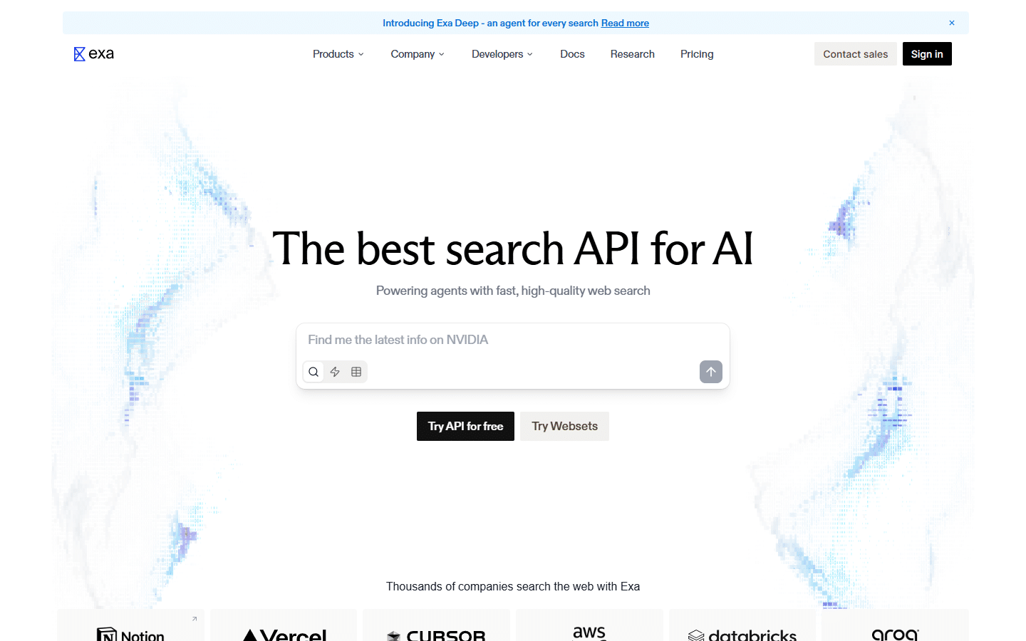Exa AI homepage showing semantic search API for AI agents