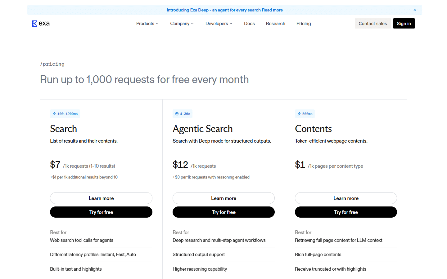 Exa AI pricing page and API tier options