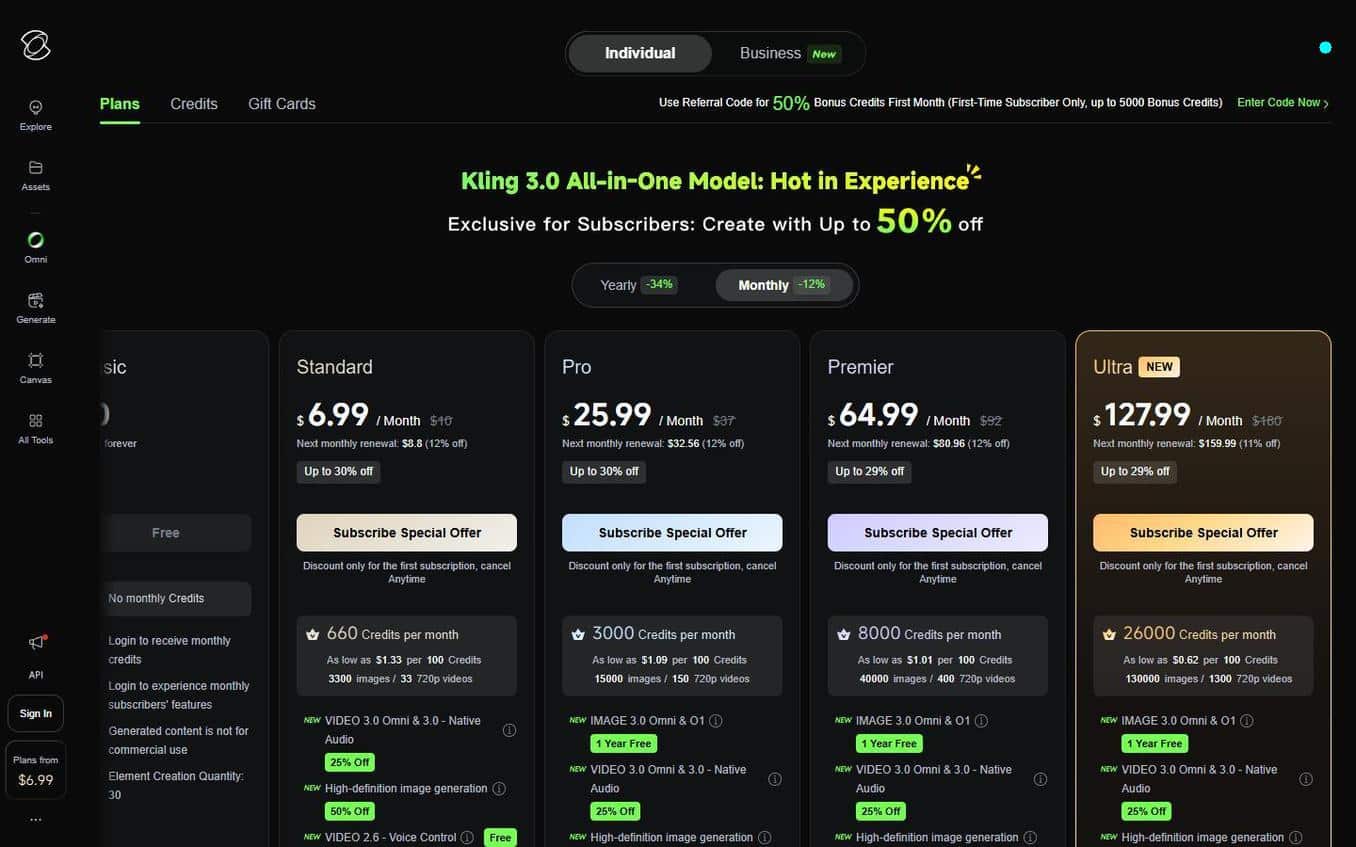 Kling 3.0 pricing plans and free tier details