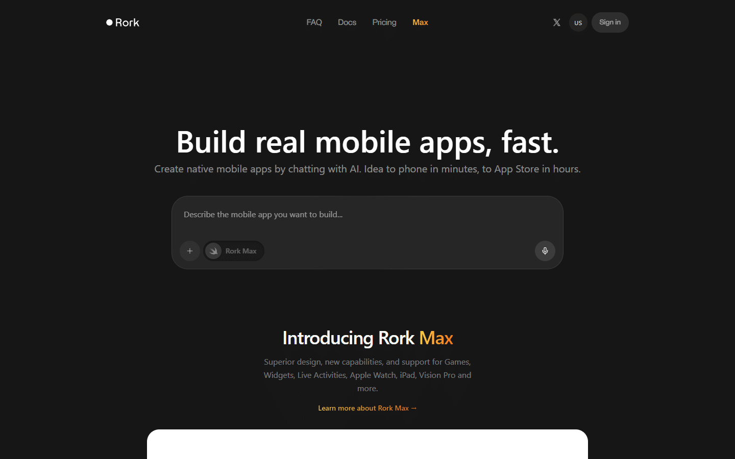 Rork Max homepage showing AI mobile app builder interface