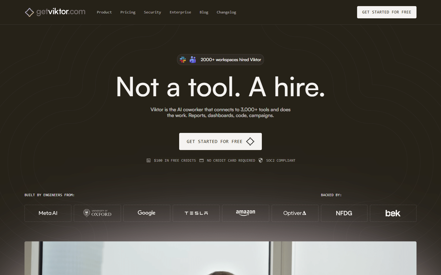 Viktor AI homepage showing Slack-native AI coworker interface
