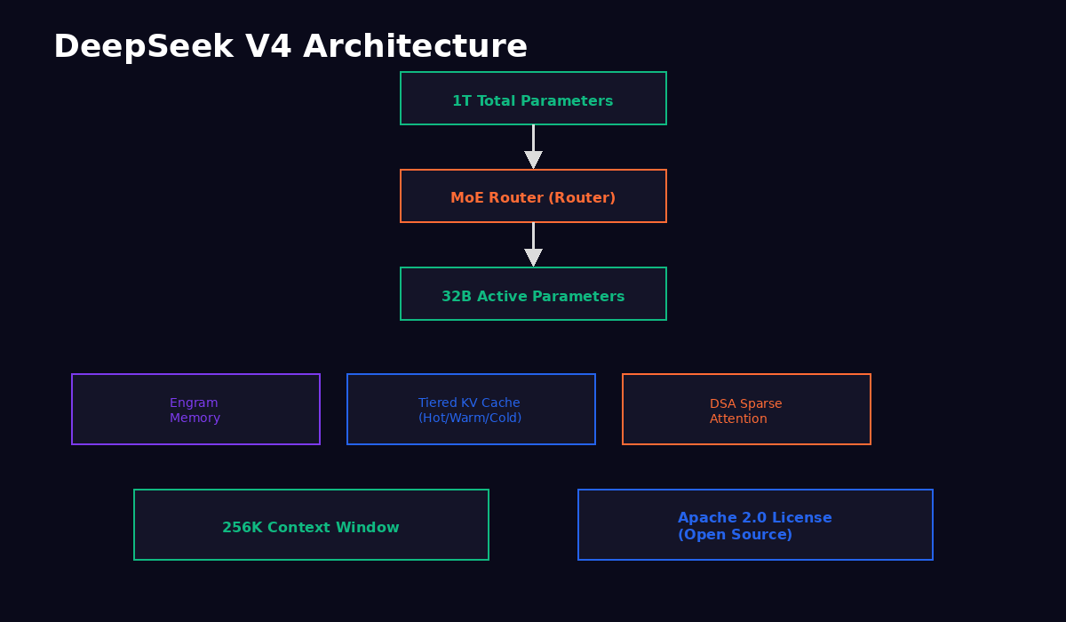 DeepSeek V4 MoE architecture with Engram memory and tiered KV cache