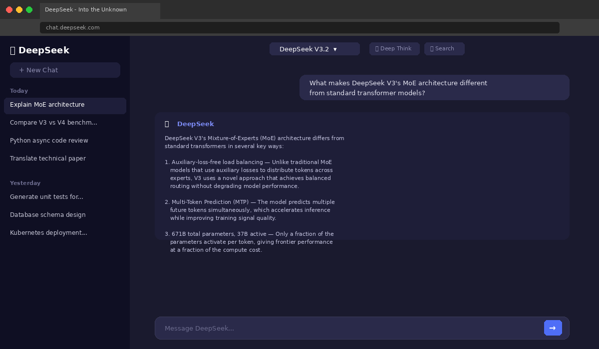 DeepSeek chat interface showing the V3.2 model selector and conversation