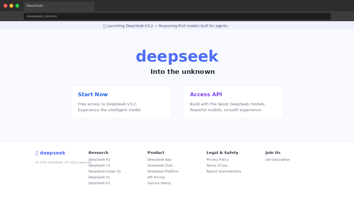 DeepSeek homepage showing the V3.2 launch announcement and access options