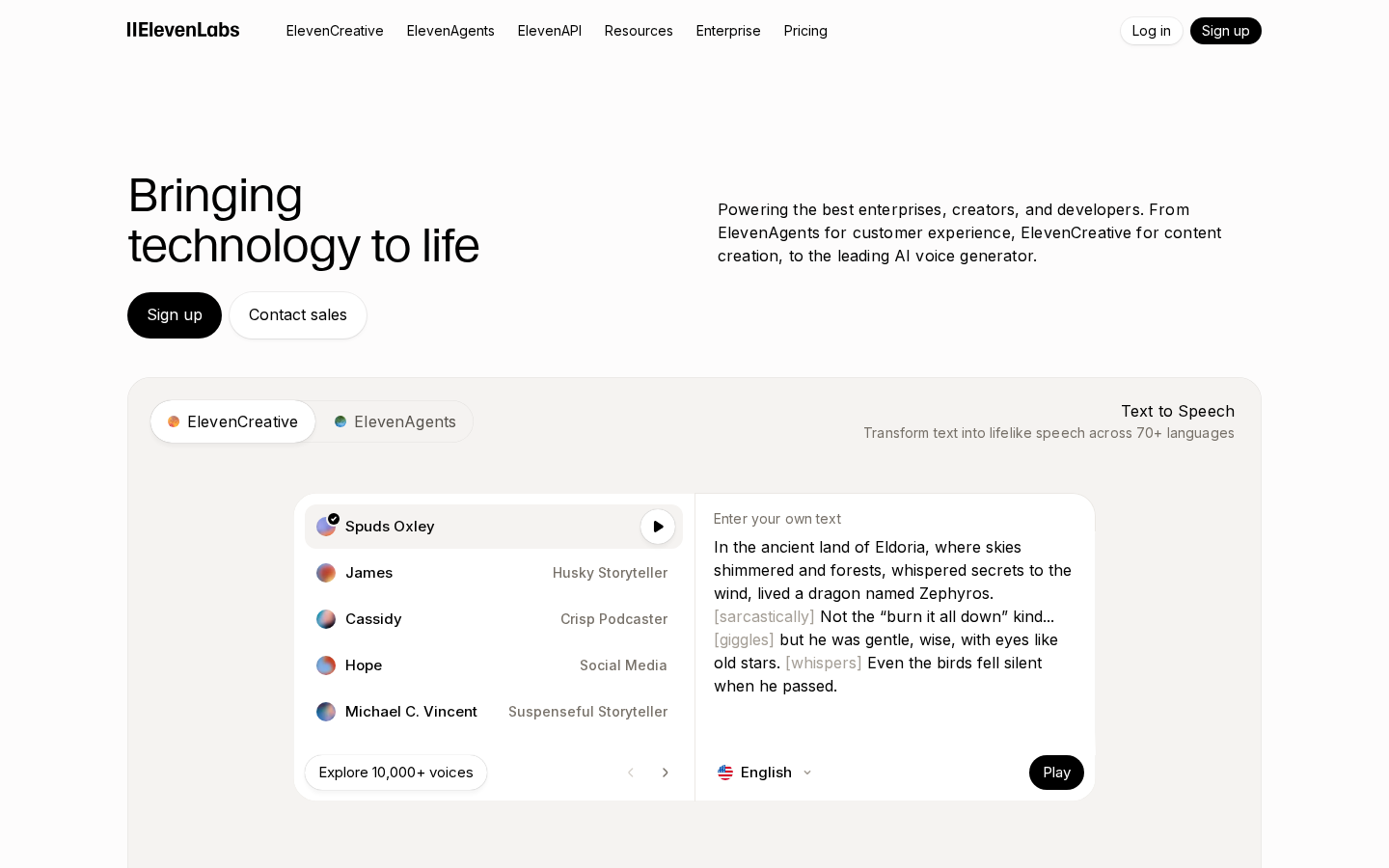 ElevenLabs homepage showing voice generation, voice cloning, and creative tools