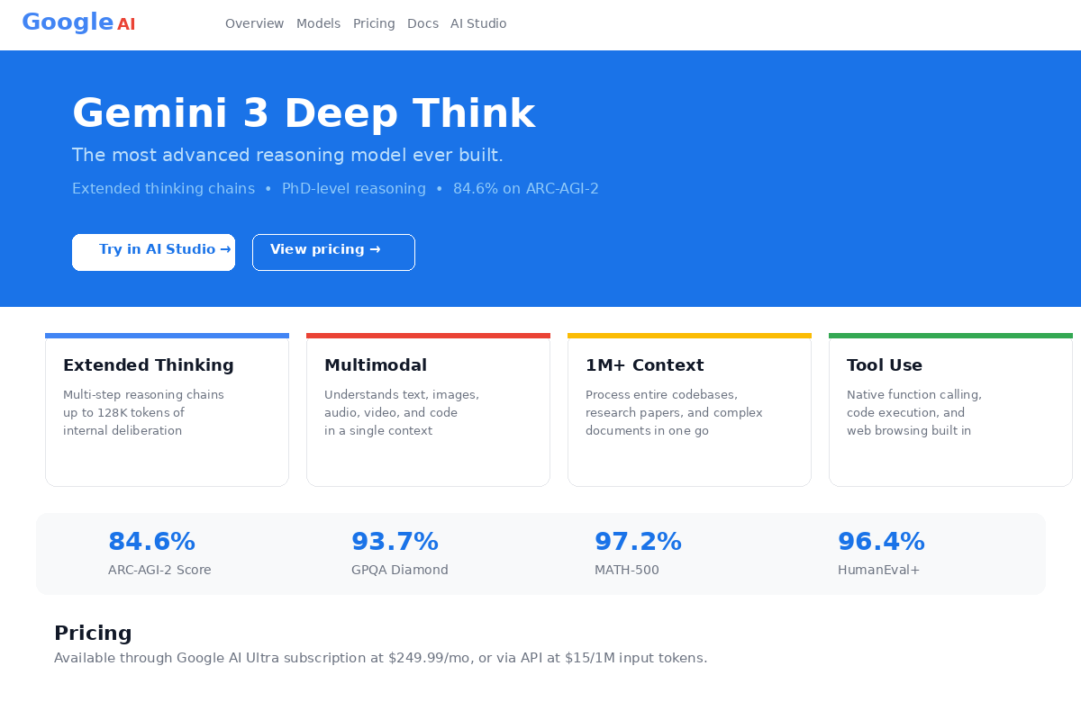 Google Gemini 3 Deep Think product page on deepmind.google showing key capabilities and features