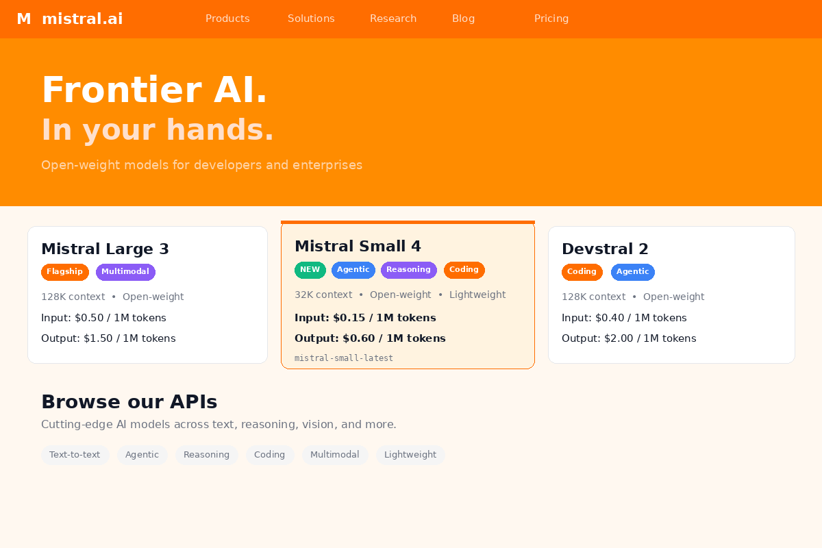 Mistral Small 4 model page on mistral.ai showing architecture details and key specifications